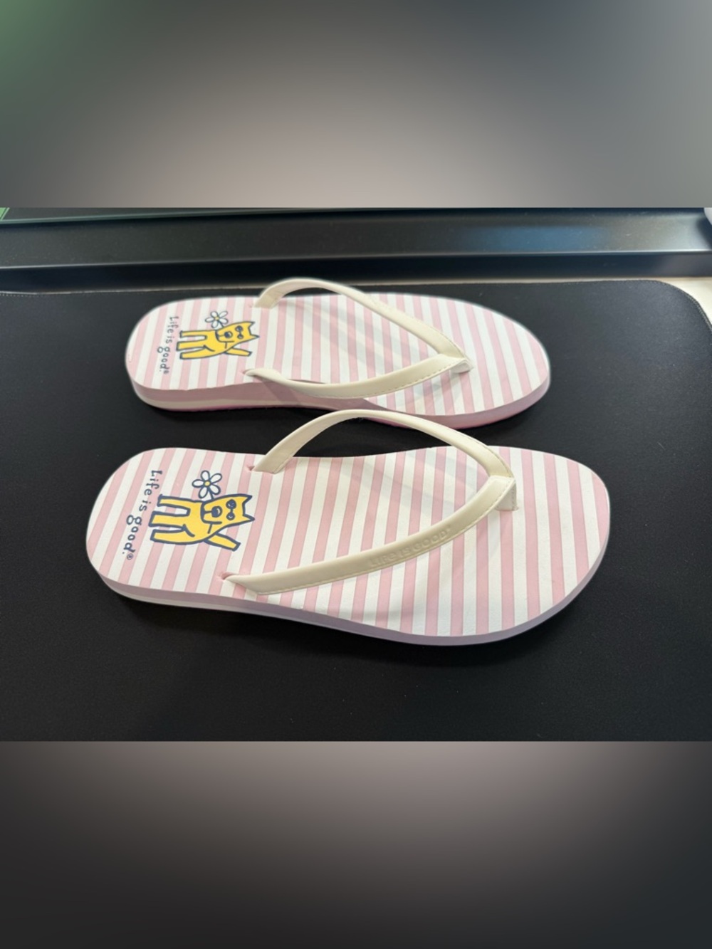 Women's Size 6 Life is Good Pink & White Striped Rocket the Dog Flip Flops